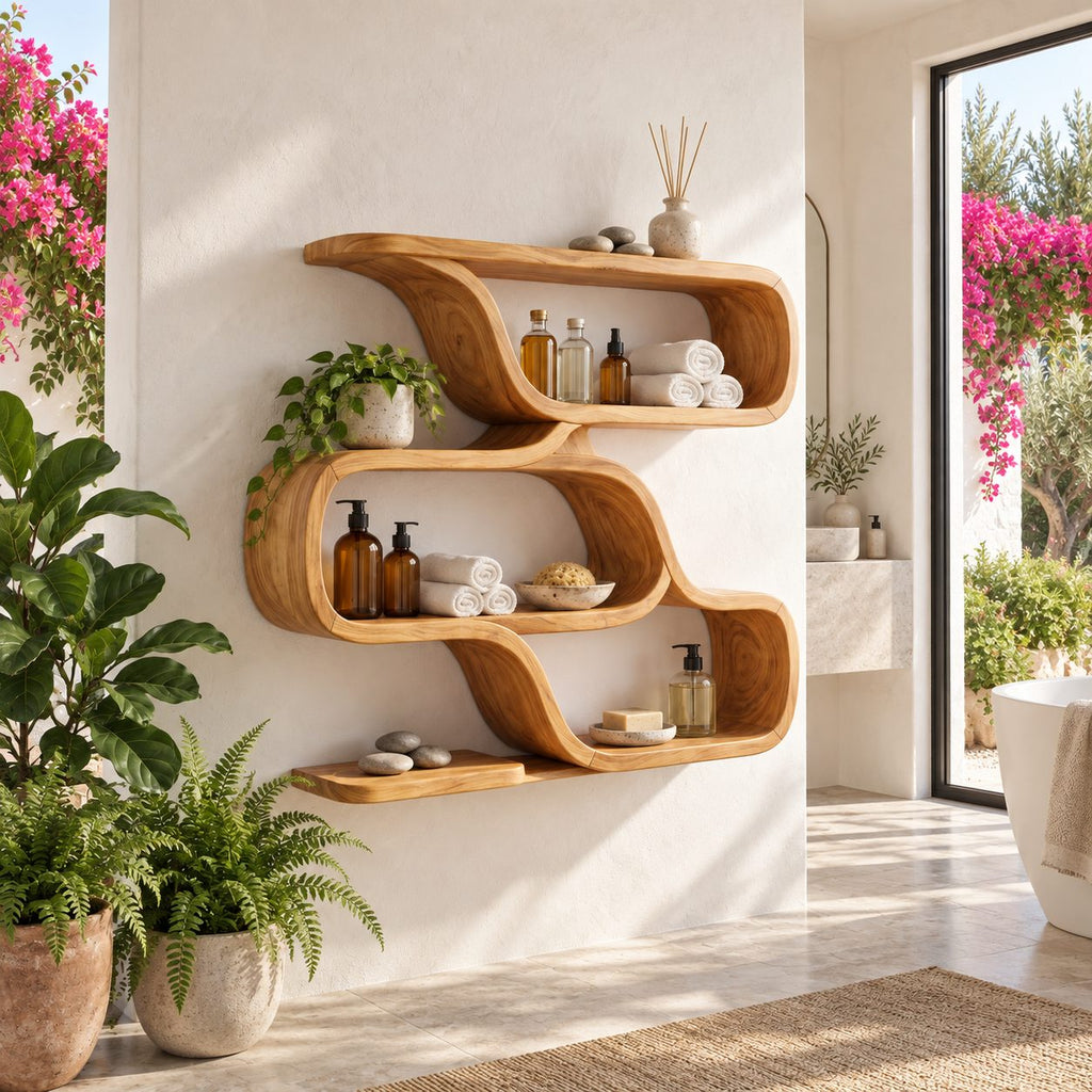 Folded Ribbon Wall Shelf, Farmhouse Solid Wood Floating Shelves with Three Stacked S Curve Tiers