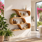 Folded Ribbon Wall Shelf, Farmhouse Solid Wood Floating Shelves with Three Stacked S Curve Tiers