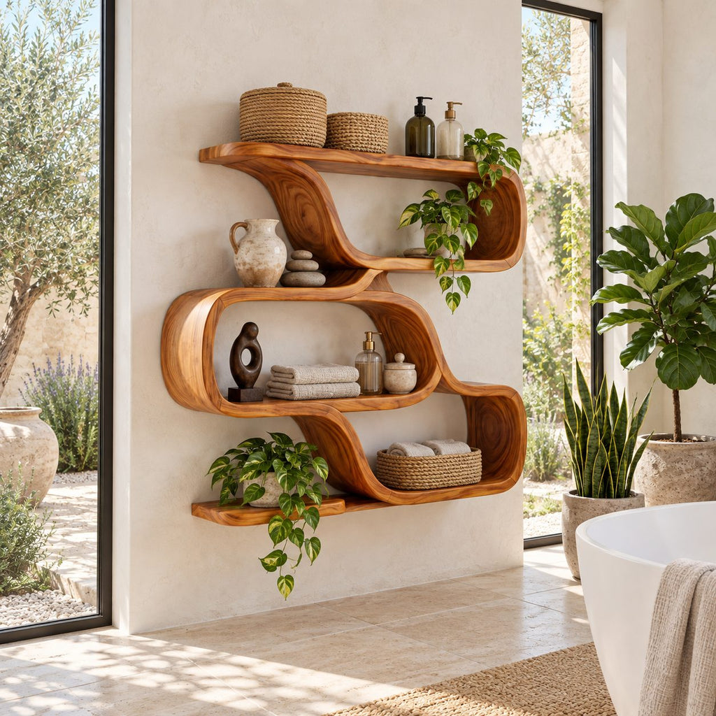 Folded Ribbon Wall Shelf, Farmhouse Solid Wood Floating Shelves with Three Stacked S Curve Tiers