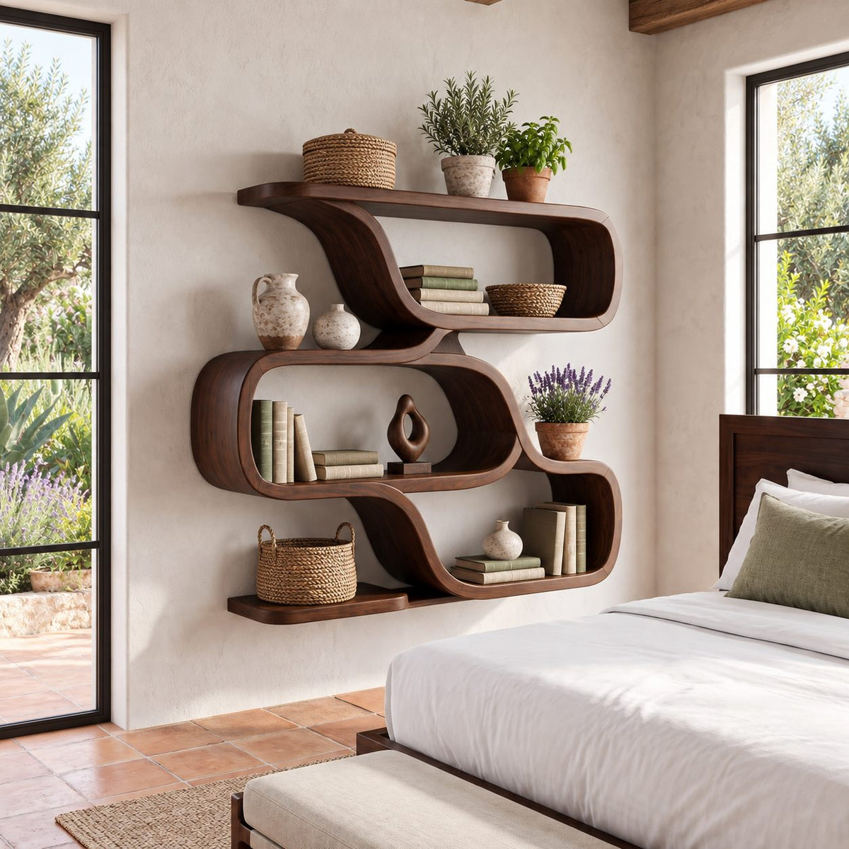 Folded Ribbon Wall Shelf, Farmhouse Solid Wood Floating Shelves with Three Stacked S Curve Tiers