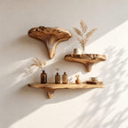 Mushroom Floating Shelf, Rustic Live Edge Solid Wood Wall Shelf with Sculpted Mushroom Cap and Brackets