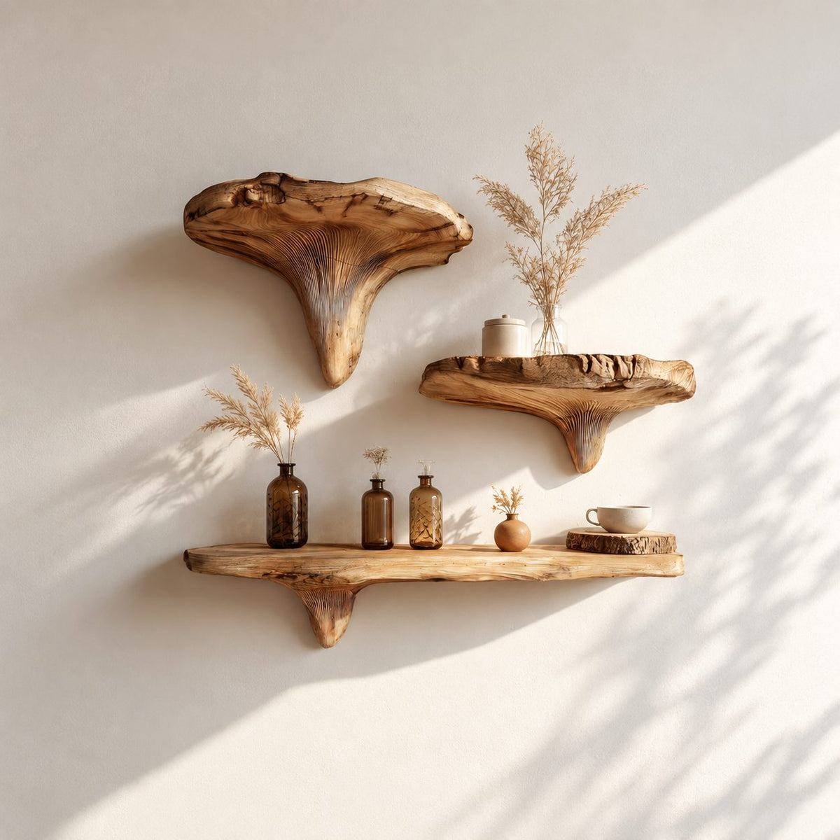 Mushroom Floating Shelf, Rustic Live Edge Solid Wood Wall Shelf with Sculpted Mushroom Cap and Brackets