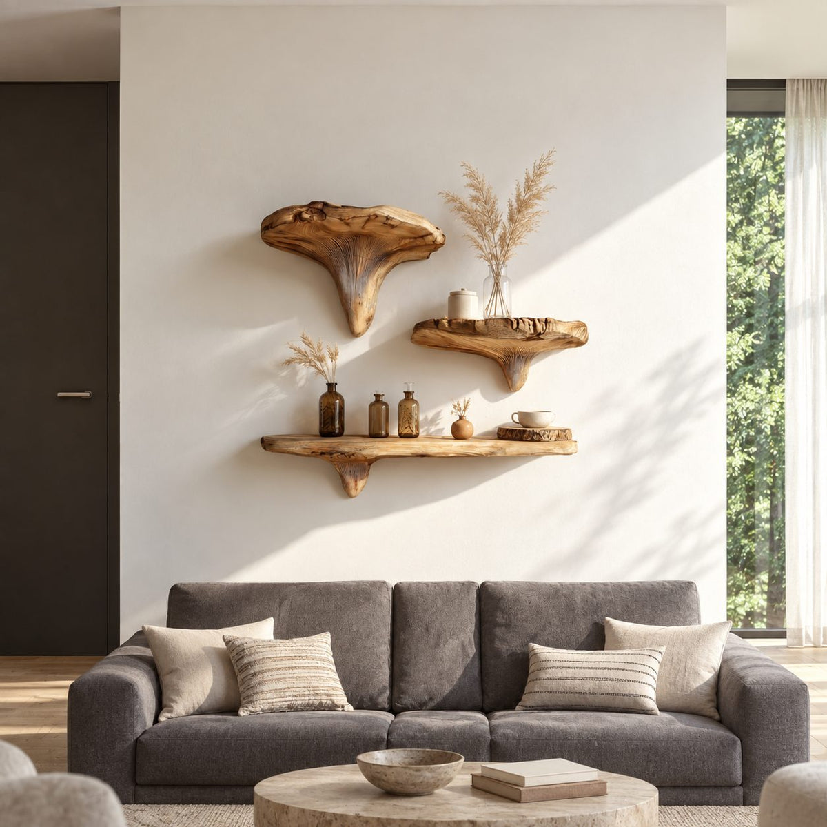 Mushroom Floating Shelf, Rustic Live Edge Solid Wood Wall Shelf with Sculpted Mushroom Cap and Brackets