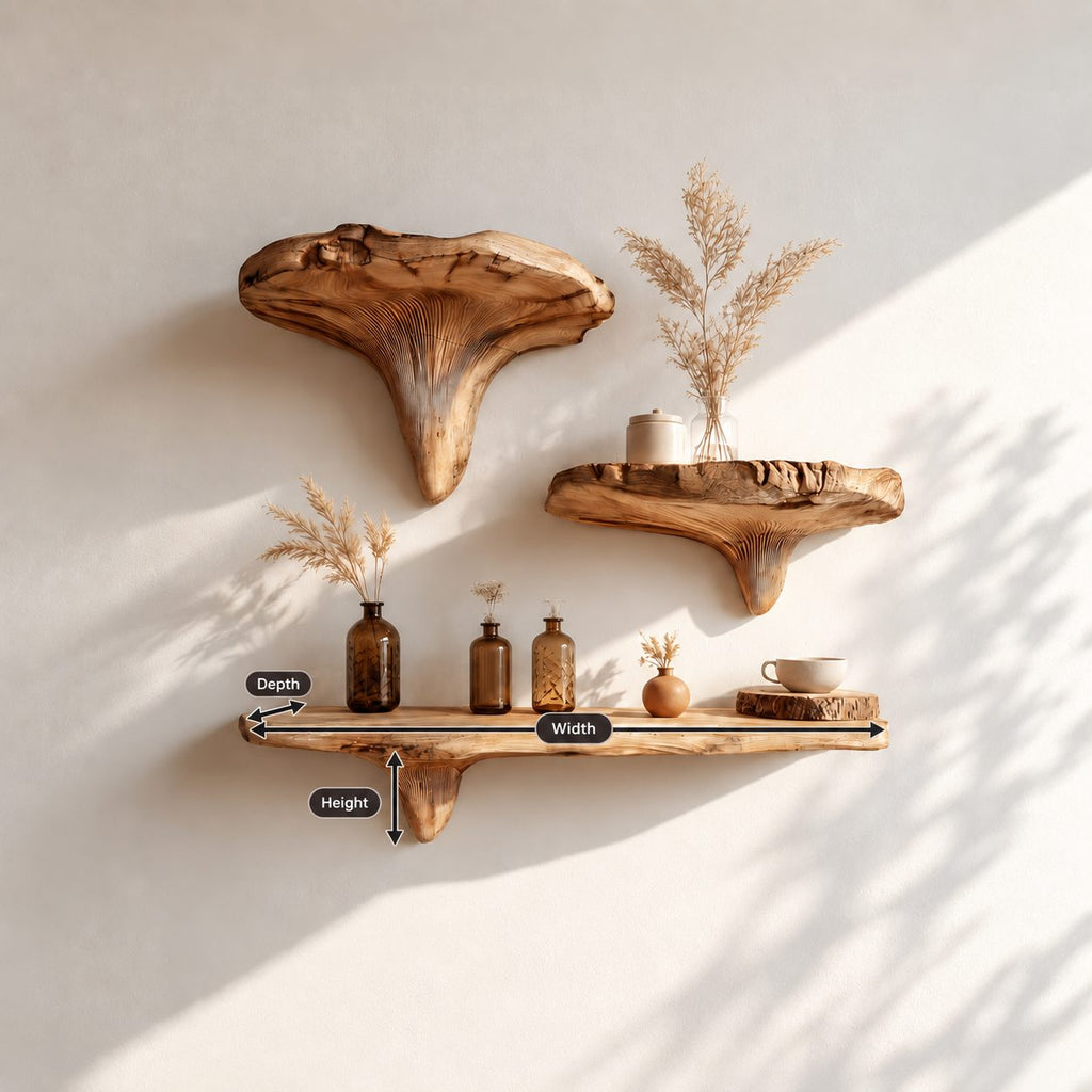 Mushroom Floating Shelf, Rustic Live Edge Solid Wood Wall Shelf with Sculpted Mushroom Cap and Brackets