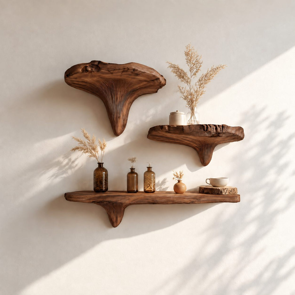 Mushroom Floating Shelf, Rustic Live Edge Solid Wood Wall Shelf with Sculpted Mushroom Cap and Brackets