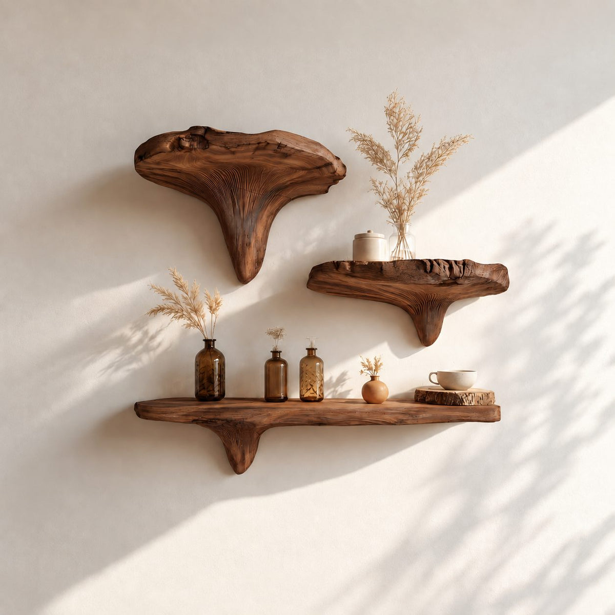 Mushroom Floating Shelf, Rustic Live Edge Solid Wood Wall Shelf with Sculpted Mushroom Cap and Brackets