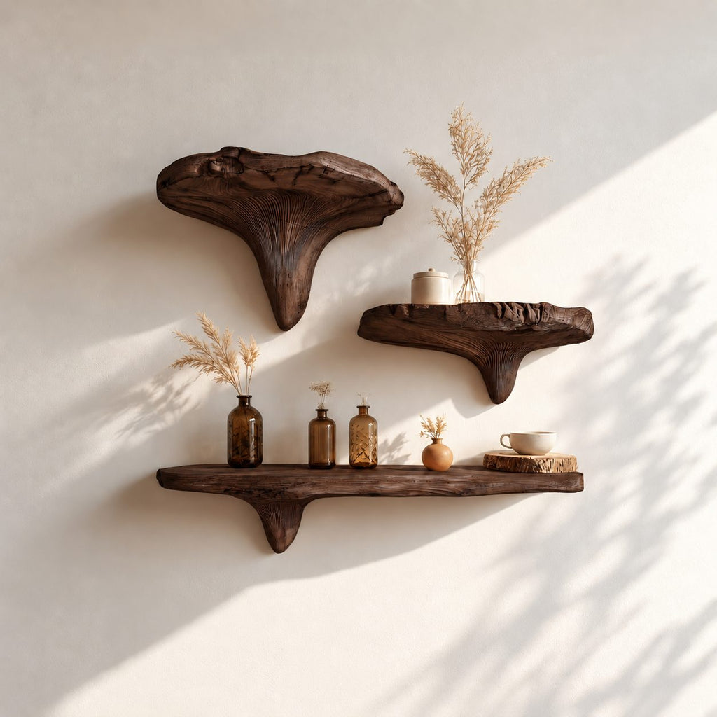 Mushroom Floating Shelf, Rustic Live Edge Solid Wood Wall Shelf with Sculpted Mushroom Cap and Brackets