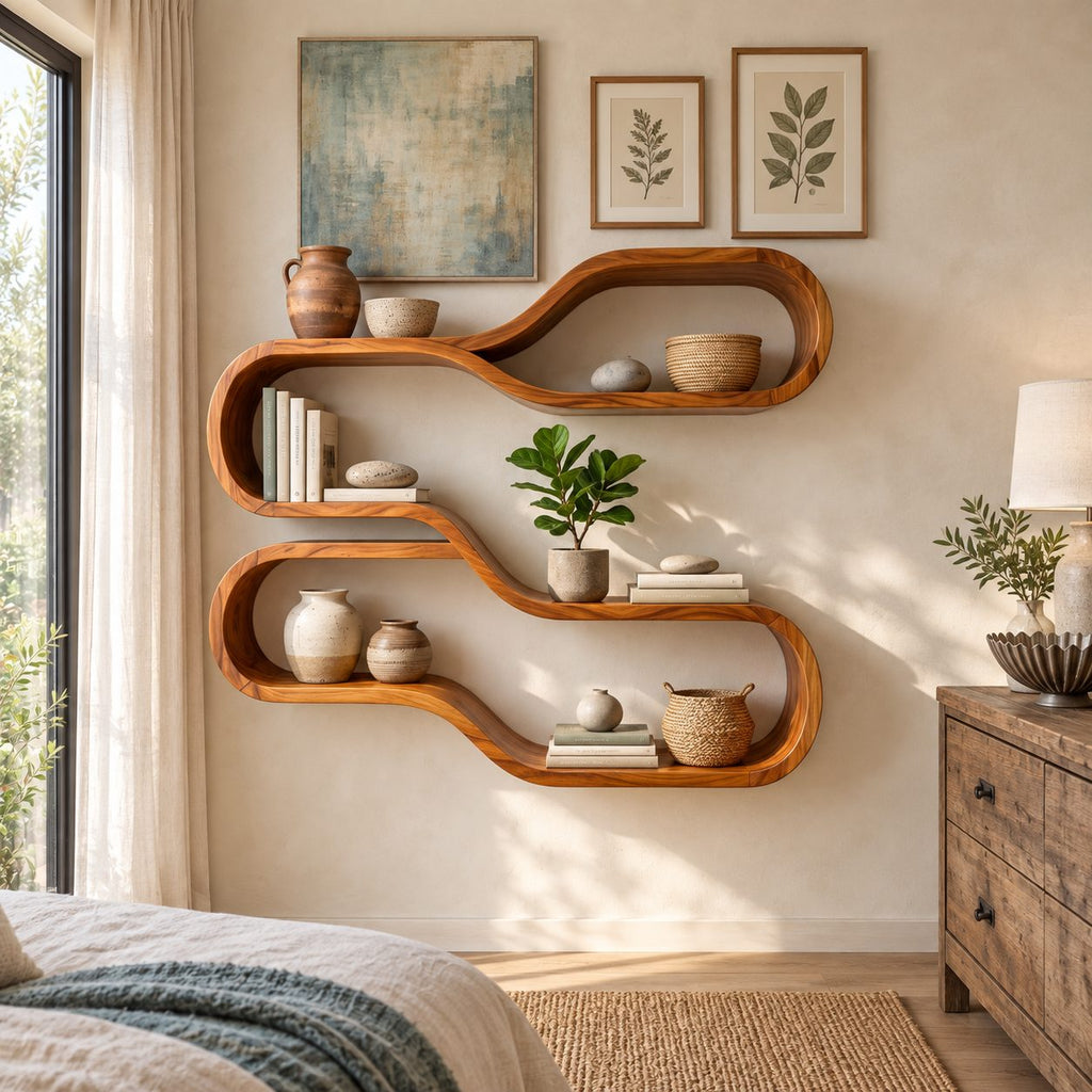 Teardrop Loop Floating Shelves, Japandi Solid Wood Wall Shelf with Two Flowing Oval Tiers