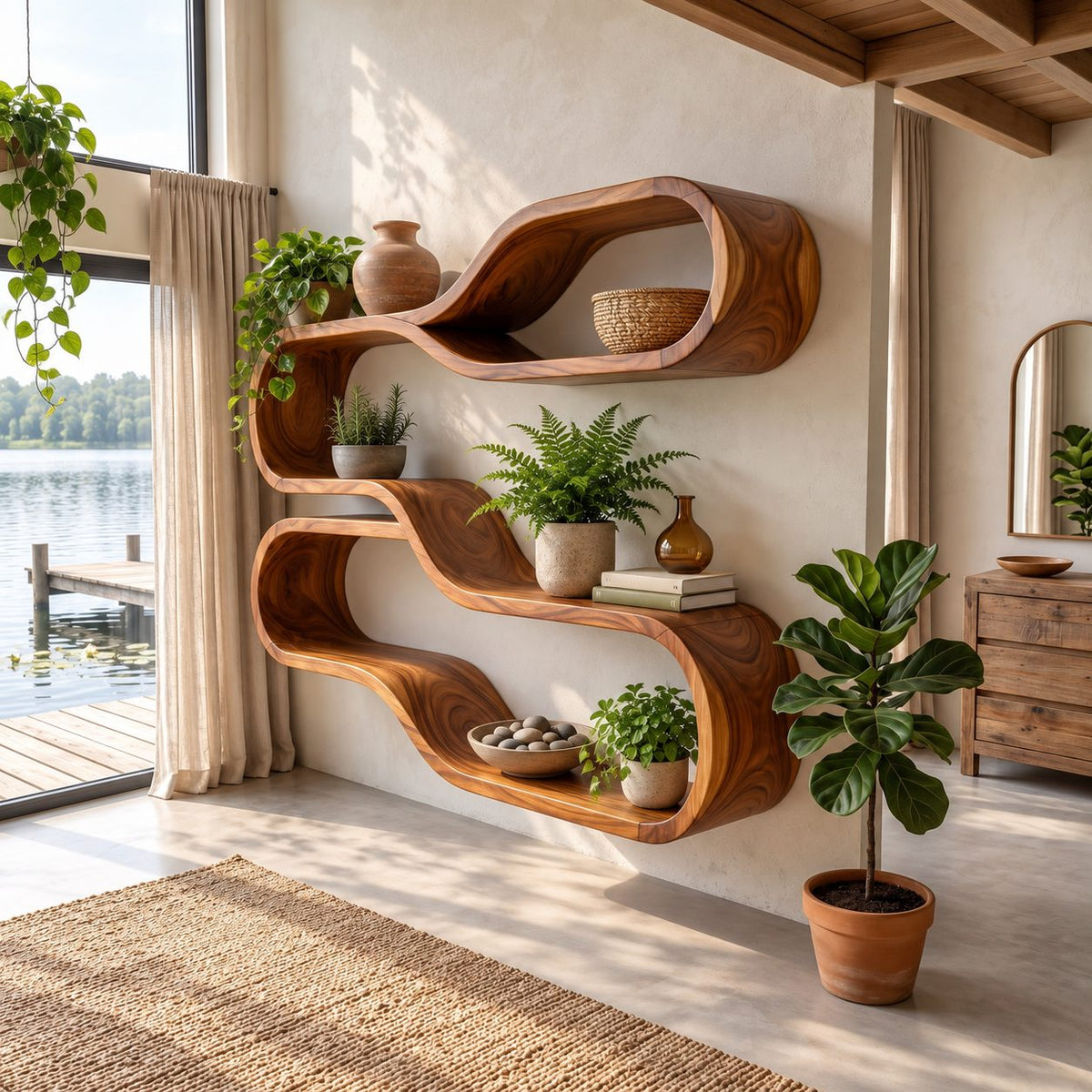 Teardrop Loop Floating Shelves, Japandi Solid Wood Wall Shelf with Two Flowing Oval Tiers