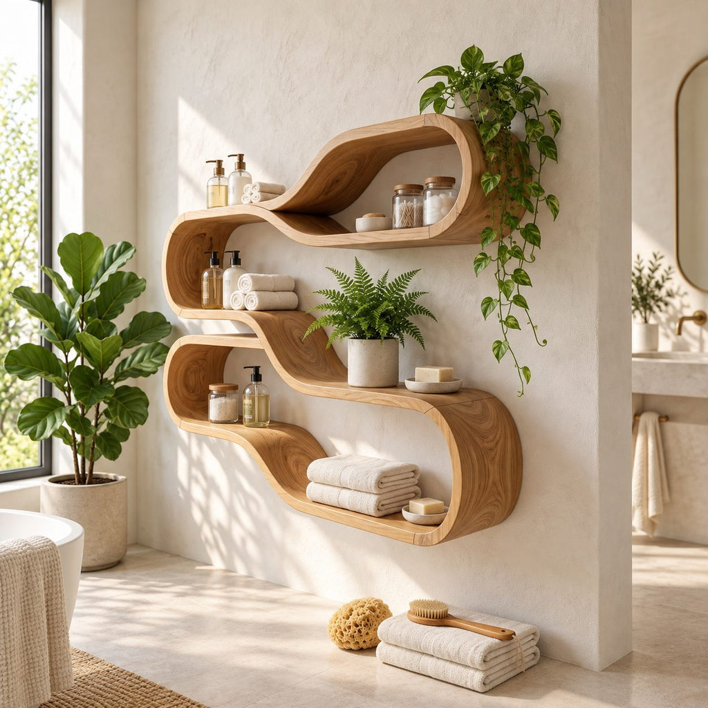 Teardrop Loop Floating Shelves, Japandi Solid Wood Wall Shelf with Two Flowing Oval Tiers