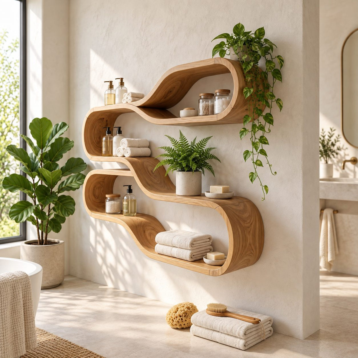 Teardrop Loop Floating Shelves, Japandi Solid Wood Wall Shelf with Two Flowing Oval Tiers