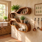 Teardrop Loop Floating Shelves, Japandi Solid Wood Wall Shelf with Two Flowing Oval Tiers
