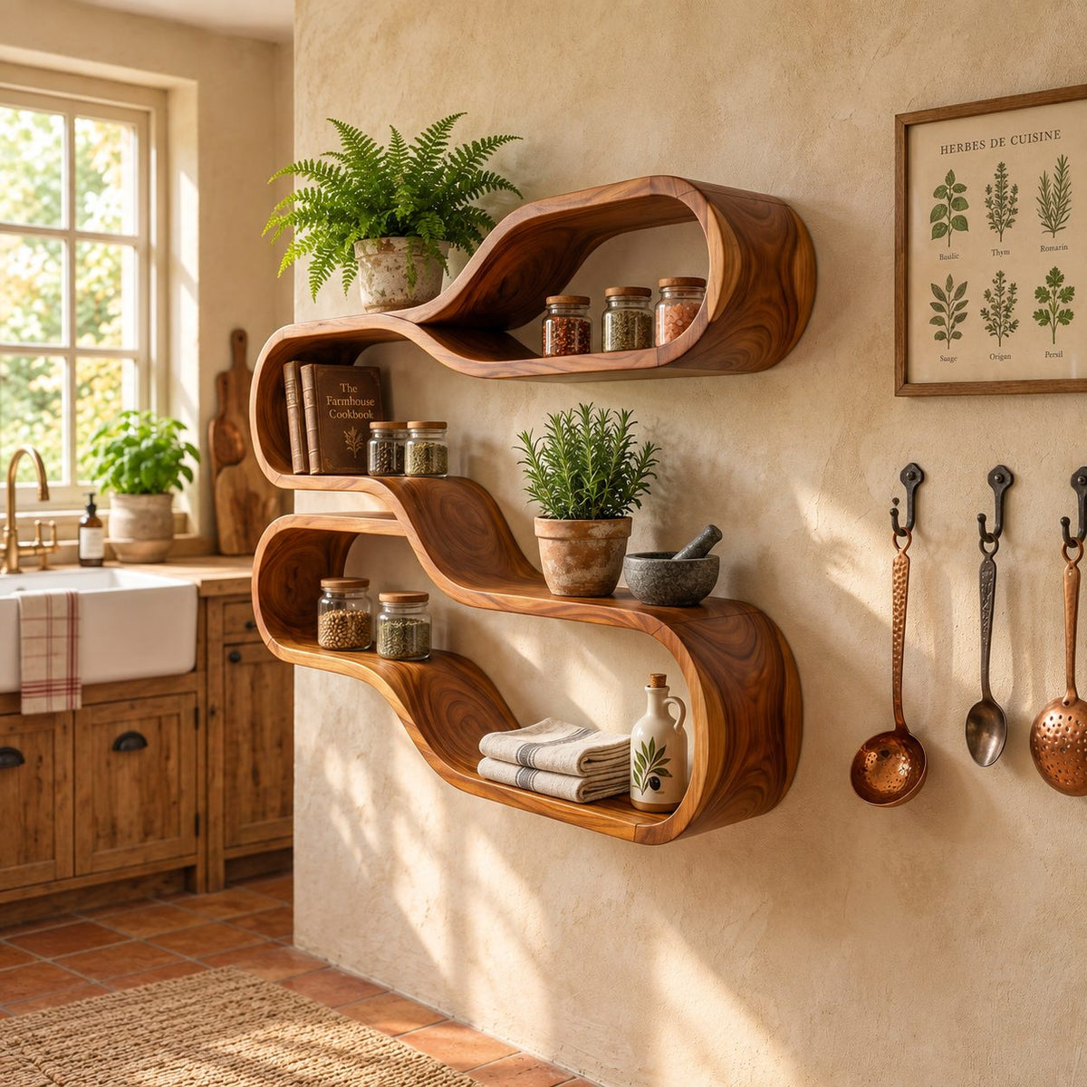 Teardrop Loop Floating Shelves, Japandi Solid Wood Wall Shelf with Two Flowing Oval Tiers