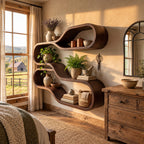 Teardrop Loop Floating Shelves, Japandi Solid Wood Wall Shelf with Two Flowing Oval Tiers
