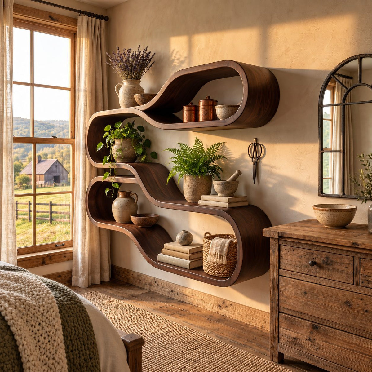 Teardrop Loop Floating Shelves, Japandi Solid Wood Wall Shelf with Two Flowing Oval Tiers