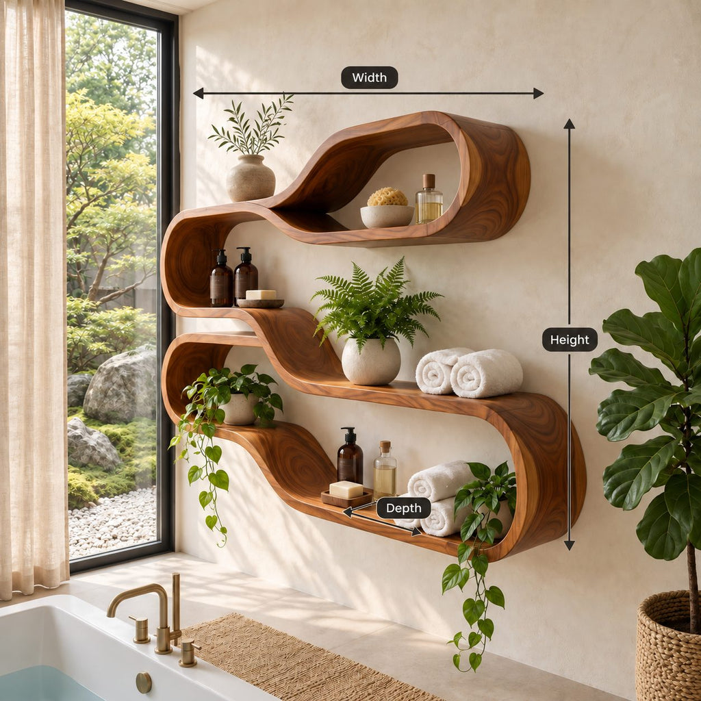 Teardrop Loop Floating Shelves, Japandi Solid Wood Wall Shelf with Two Flowing Oval Tiers
