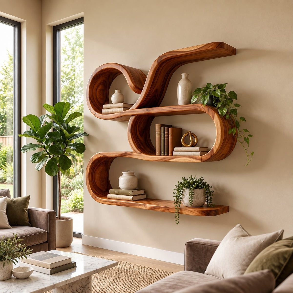 Scroll Swirl Floating Shelves, Coastal Solid Wood Wall Storage Shelf with Curled Tiers and Long Base Shelf