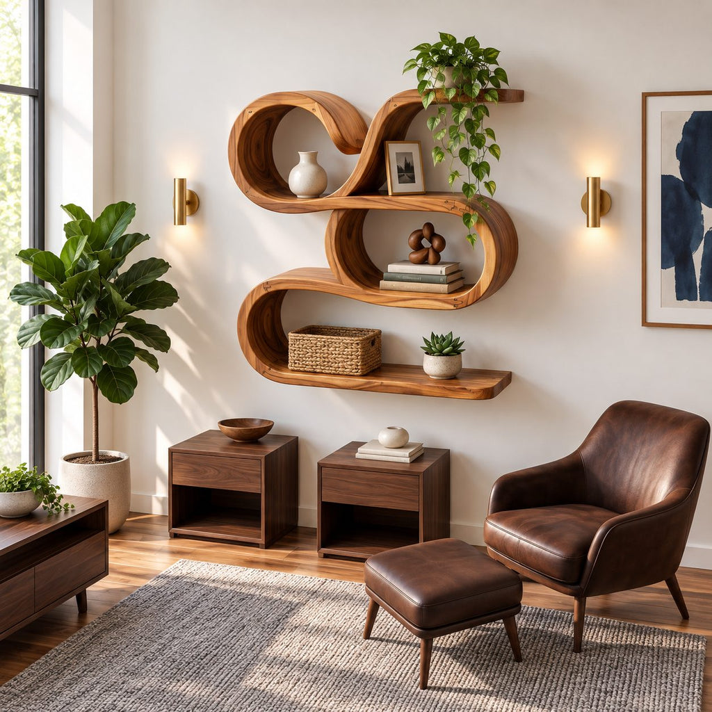 Scroll Swirl Floating Shelves, Coastal Solid Wood Wall Storage Shelf with Curled Tiers and Long Base Shelf
