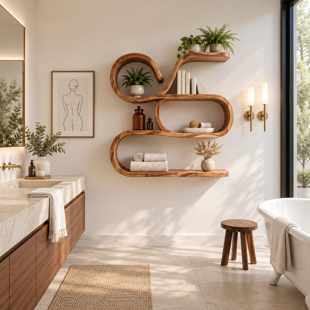 Scroll Swirl Floating Shelves, Coastal Solid Wood Wall Storage Shelf with Curled Tiers and Long Base Shelf