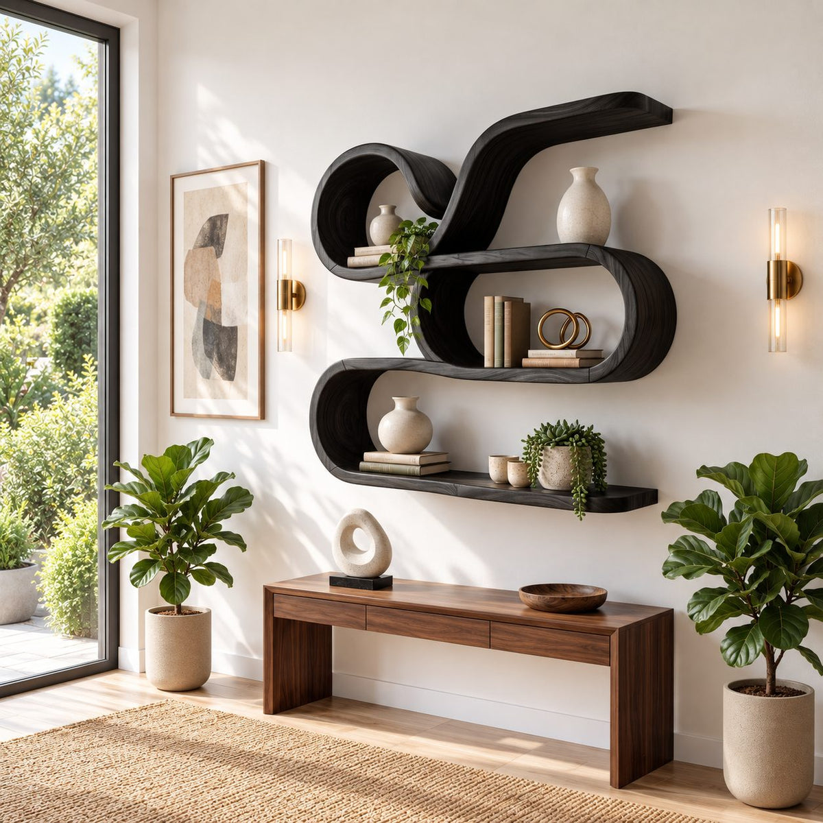 Scroll Swirl Floating Shelves, Coastal Solid Wood Wall Storage Shelf with Curled Tiers and Long Base Shelf
