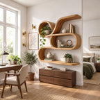 Scroll Swirl Floating Shelves, Coastal Solid Wood Wall Storage Shelf with Curled Tiers and Long Base Shelf