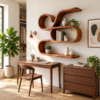 Scroll Swirl Floating Shelves, Coastal Solid Wood Wall Storage Shelf with Curled Tiers and Long Base Shelf
