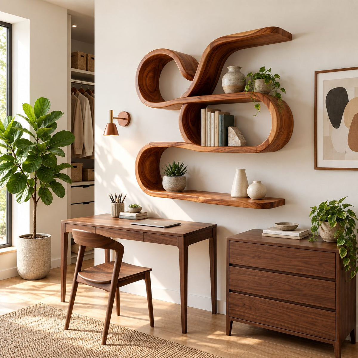 Scroll Swirl Floating Shelves, Coastal Solid Wood Wall Storage Shelf with Curled Tiers and Long Base Shelf
