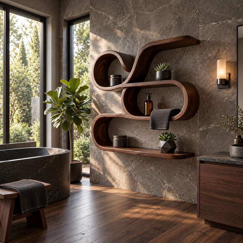 Scroll Swirl Floating Shelves, Coastal Solid Wood Wall Storage Shelf with Curled Tiers and Long Base Shelf