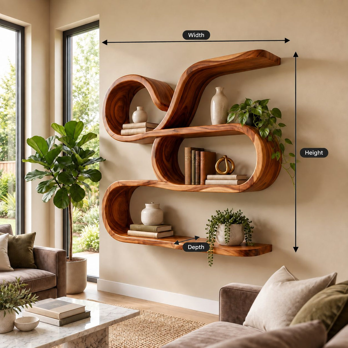 Scroll Swirl Floating Shelves, Coastal Solid Wood Wall Storage Shelf with Curled Tiers and Long Base Shelf