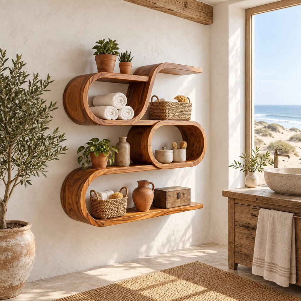 Oval Ring Display Shelf, Modern Organic Solid Wood Wall Shelf with S Curve Top and Three Open Tiers
