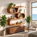 Oval Ring Display Shelf, Modern Organic Solid Wood Wall Shelf with S Curve Top and Three Open Tiers