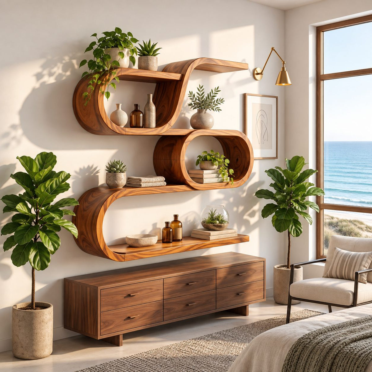 Oval Ring Display Shelf, Modern Organic Solid Wood Wall Shelf with S Curve Top and Three Open Tiers