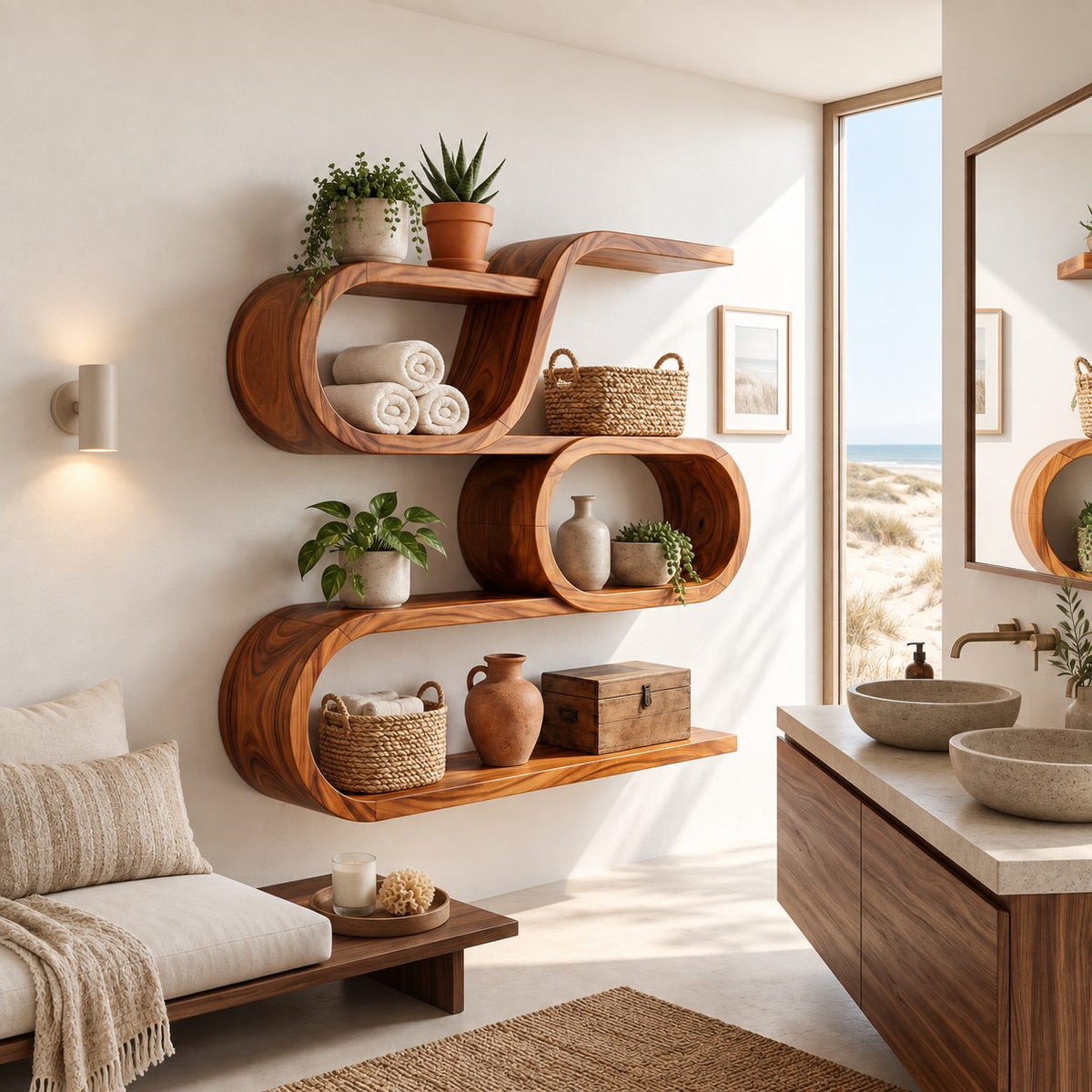 Oval Ring Display Shelf, Modern Organic Solid Wood Wall Shelf with S Curve Top and Three Open Tiers