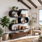 Oval Ring Display Shelf, Modern Organic Solid Wood Wall Shelf with S Curve Top and Three Open Tiers