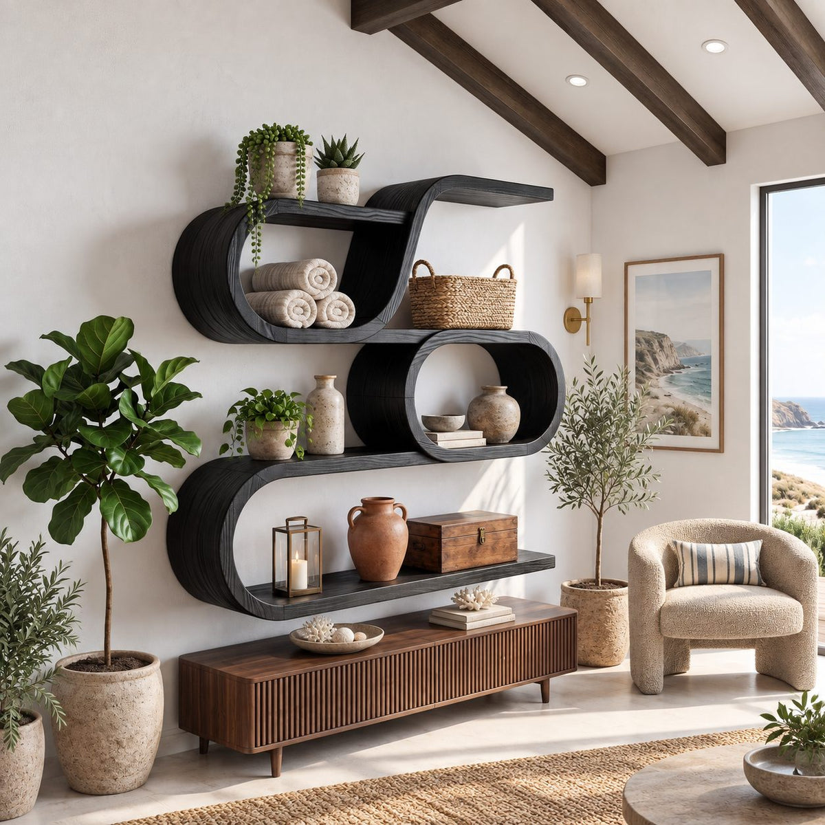 Oval Ring Display Shelf, Modern Organic Solid Wood Wall Shelf with S Curve Top and Three Open Tiers