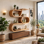 Oval Ring Display Shelf, Modern Organic Solid Wood Wall Shelf with S Curve Top and Three Open Tiers