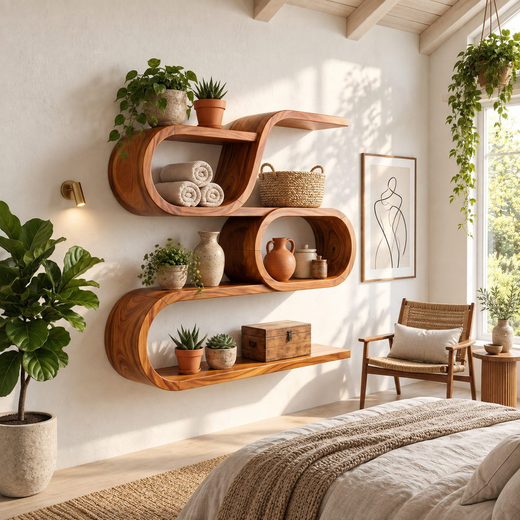 Oval Ring Display Shelf, Modern Organic Solid Wood Wall Shelf with S Curve Top and Three Open Tiers