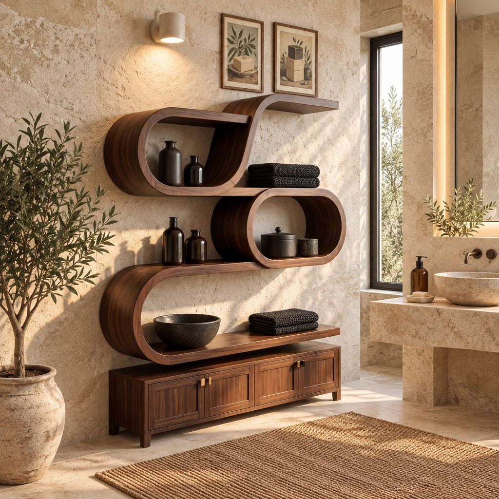 Oval Ring Display Shelf, Modern Organic Solid Wood Wall Shelf with S Curve Top and Three Open Tiers
