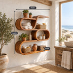 Oval Ring Display Shelf, Modern Organic Solid Wood Wall Shelf with S Curve Top and Three Open Tiers