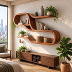 Wide Looping S Wall Shelf, Mid Century Solid Wood Display Shelves with Long Floating Ledges