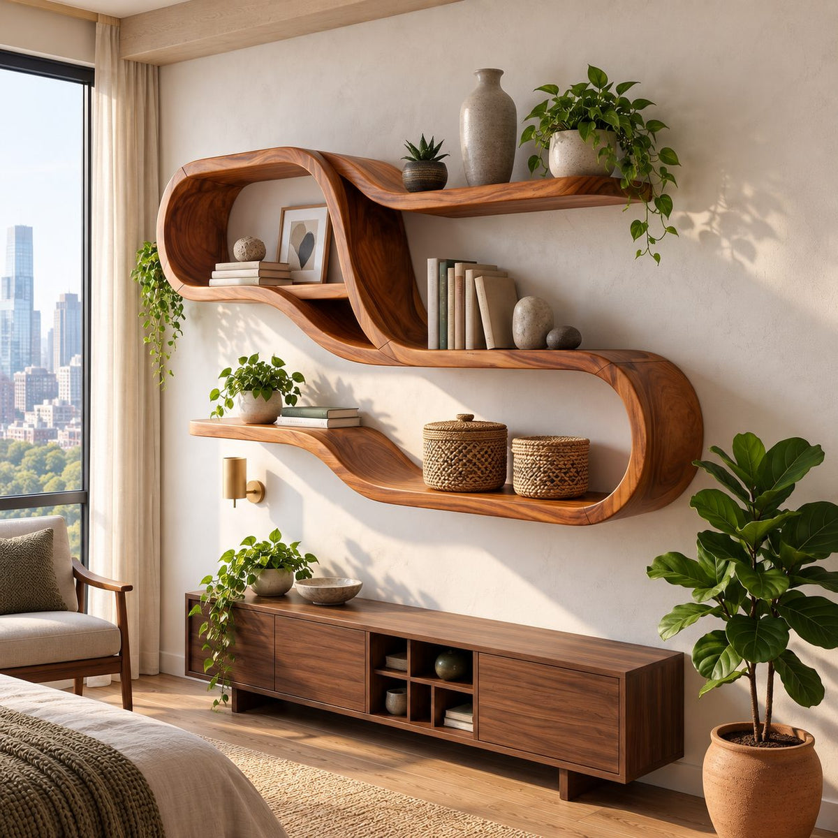 Wide Looping S Wall Shelf, Mid Century Solid Wood Display Shelves with Long Floating Ledges