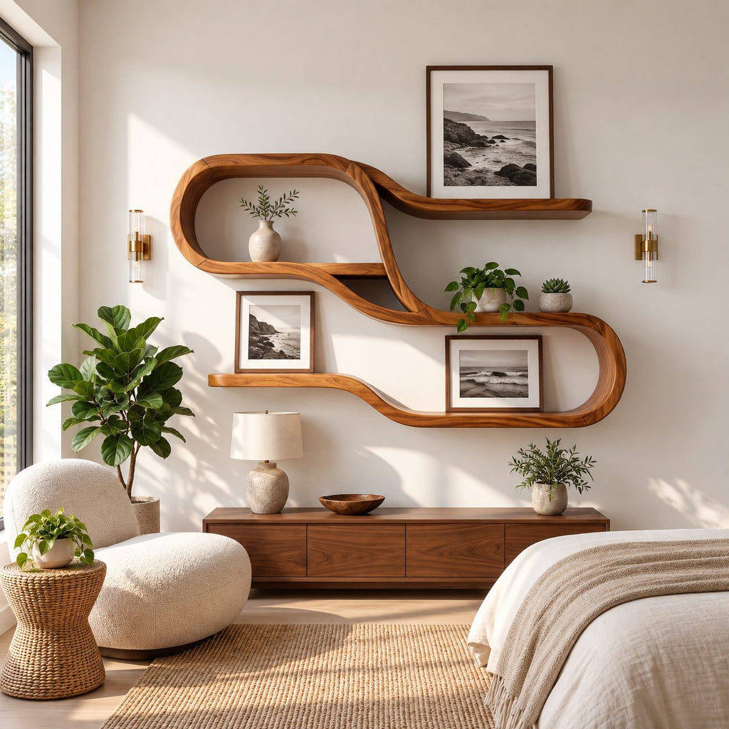 Wide Looping S Wall Shelf, Mid Century Solid Wood Display Shelves with Long Floating Ledges