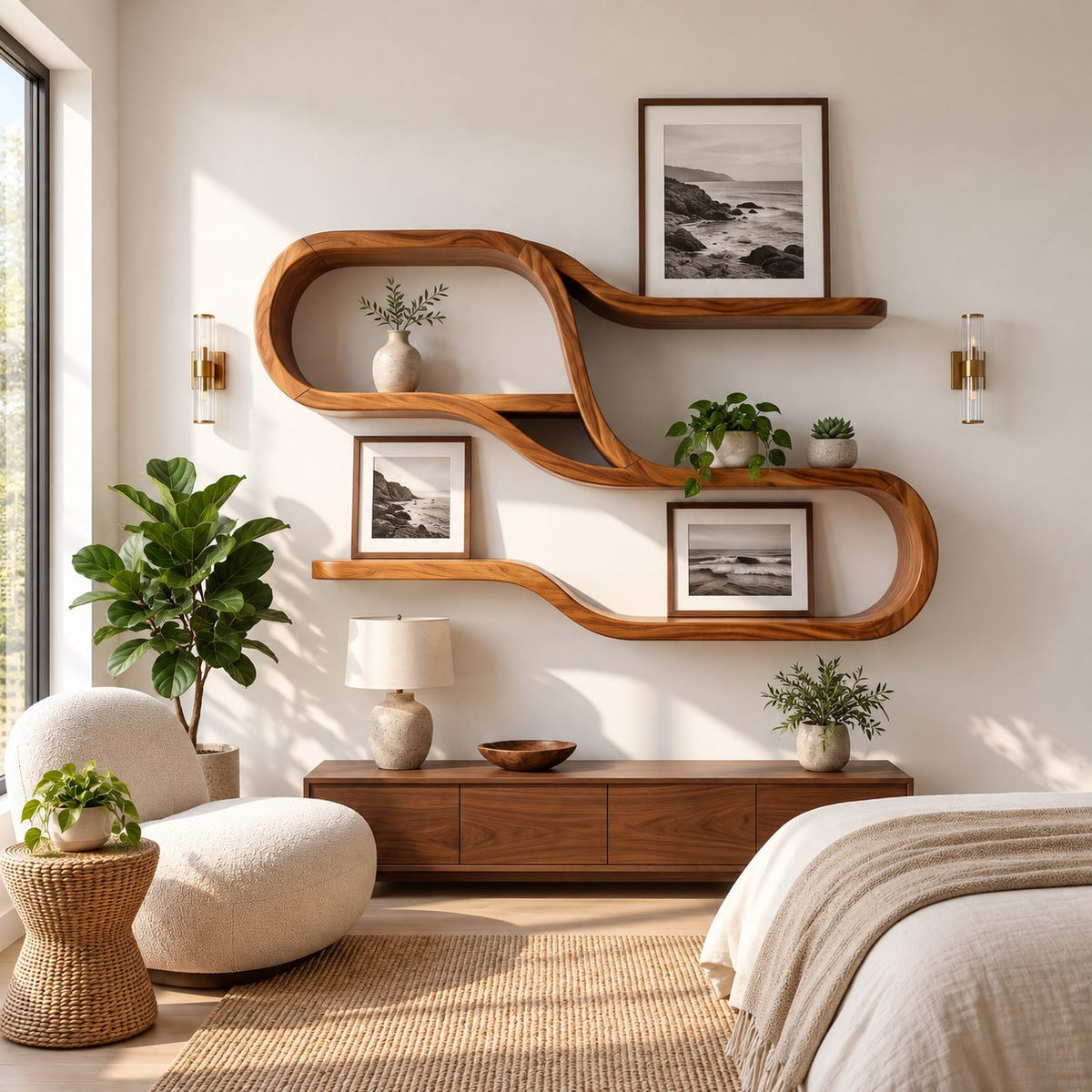 Wide Looping S Wall Shelf, Mid Century Solid Wood Display Shelves with Long Floating Ledges