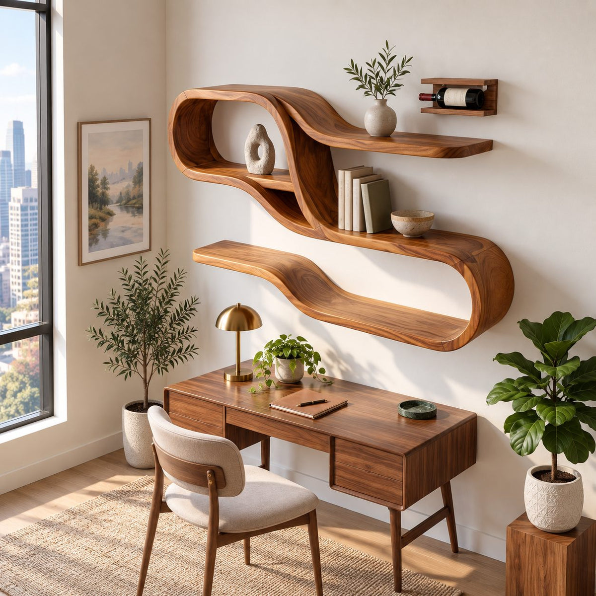 Wide Looping S Wall Shelf, Mid Century Solid Wood Display Shelves with Long Floating Ledges