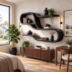 Wide Looping S Wall Shelf, Mid Century Solid Wood Display Shelves with Long Floating Ledges