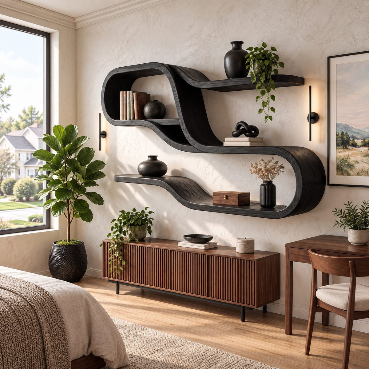 Wide Looping S Wall Shelf, Mid Century Solid Wood Display Shelves with Long Floating Ledges