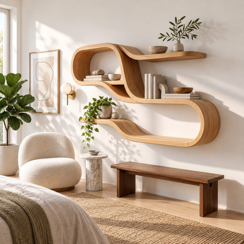 Wide Looping S Wall Shelf, Mid Century Solid Wood Display Shelves with Long Floating Ledges