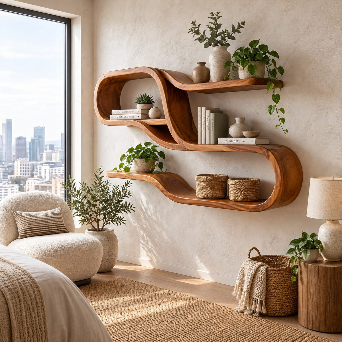 Wide Looping S Wall Shelf, Mid Century Solid Wood Display Shelves with Long Floating Ledges