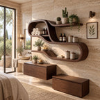 Wide Looping S Wall Shelf, Mid Century Solid Wood Display Shelves with Long Floating Ledges