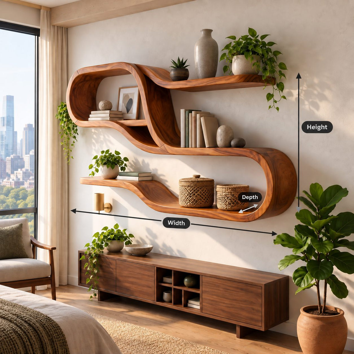 Wide Looping S Wall Shelf, Mid Century Solid Wood Display Shelves with Long Floating Ledges